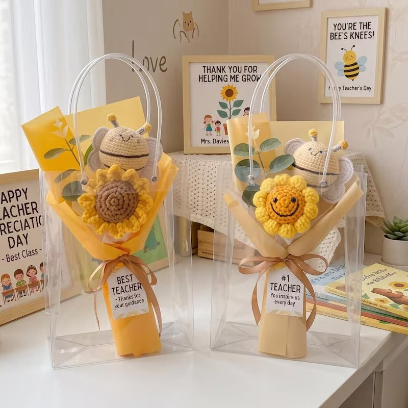 Lehrer-Wertschätzung Gehäkelter Sonnenblumenstrauß, handgemachtes Blumen-Dankeschön-Geschenk, süßes Abschlussgeschenk, Blumenstrauß-Dekor