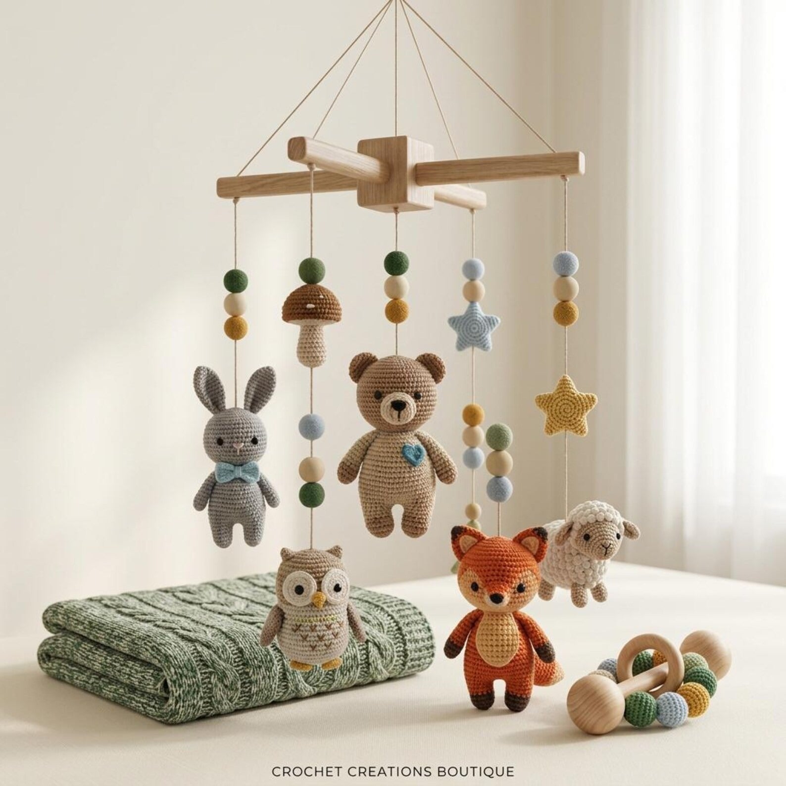 Personalisiertes Häkel-Baby-Mobile, handgefertigtes Tier-Mobile mit Hase, Bär, Eule, Fuchs und Sternen, süßes Kinderzimmer-Dekor-Geschenk