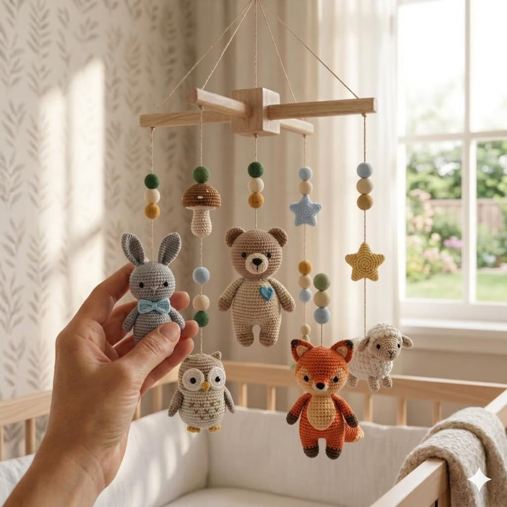 Personalisiertes Häkel-Baby-Mobile, handgefertigtes Tier-Mobile mit Hase, Bär, Eule, Fuchs und Sternen, süßes Kinderzimmer-Dekor-Geschenk